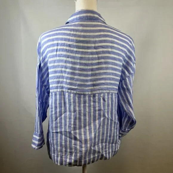 Sigrid Olsen Women's M Blue White Striped 100% Linen Button-Down Shirt Blouse - Picture 4 of 7